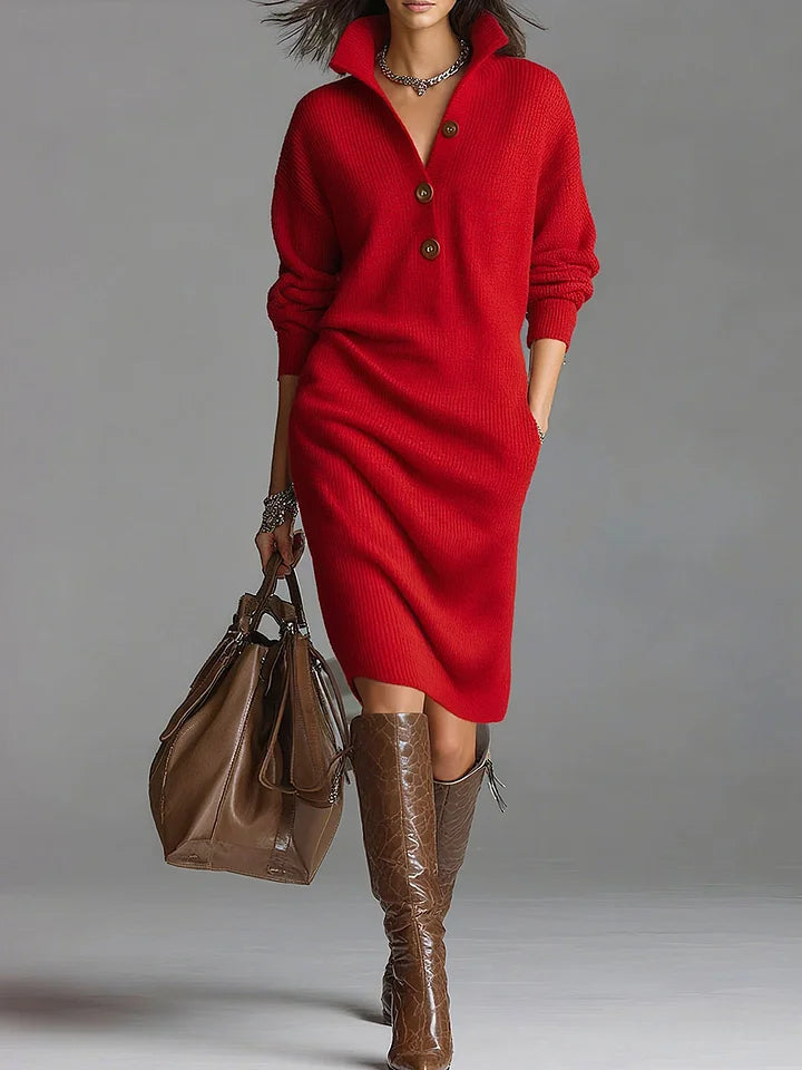 Women's Sweater Dress with Ribbed Knit and Button-Down Collar