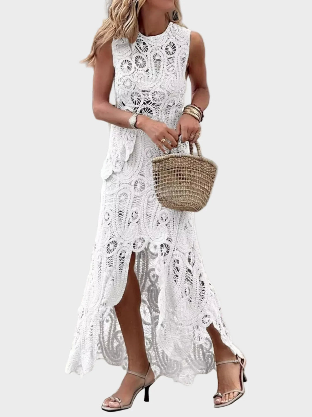 Women's Crochet Sleeveless Tank and Skirt Set with Openwork Design and Asymmetrical Hem