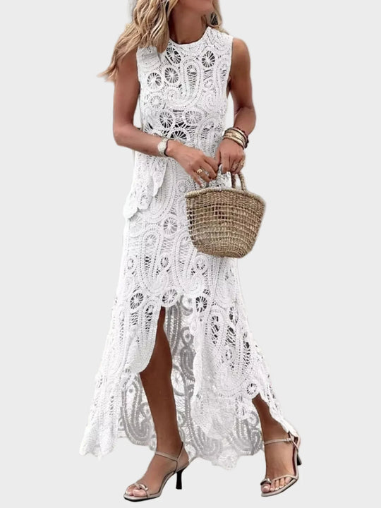 Women's Crochet Sleeveless Tank and Skirt Set with Openwork Design and Asymmetrical Hem