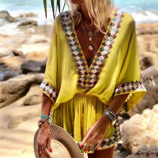 Women's Jumpsuit with Bohemian Print and V-Neck Design