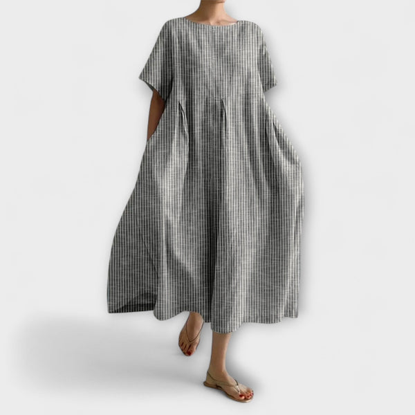Women's Midi Dress with Pleated Waist and Side Pockets