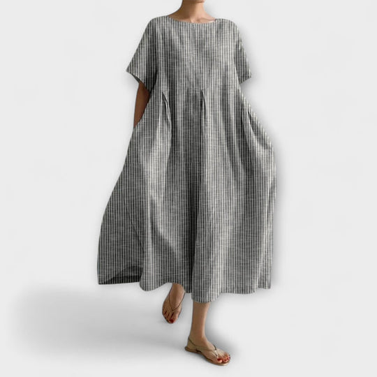 Women's Midi Dress with Pleated Waist and Side Pockets