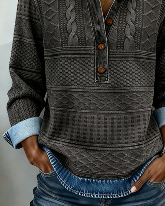 Women's Sweatshirt with Half Button and Denim-Style Collar