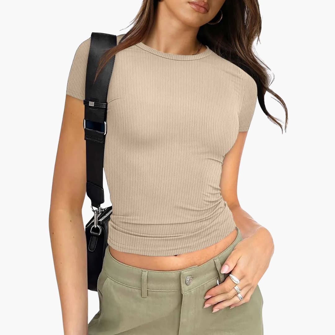 Women’s Cropped T-shirt with Ribbed Texture and Slim Fit