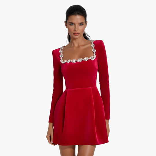 Women's Mini Dress with Square Neckline and Long Sleeves