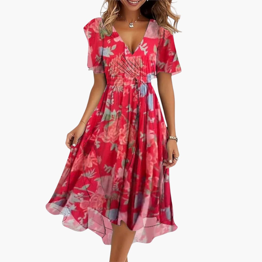Women’s Midi Dress with Flutter Sleeves and High-Low Hem