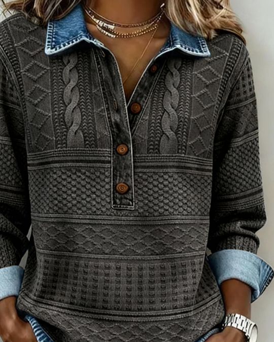 Women's Sweatshirt with Half Button and Denim-Style Collar