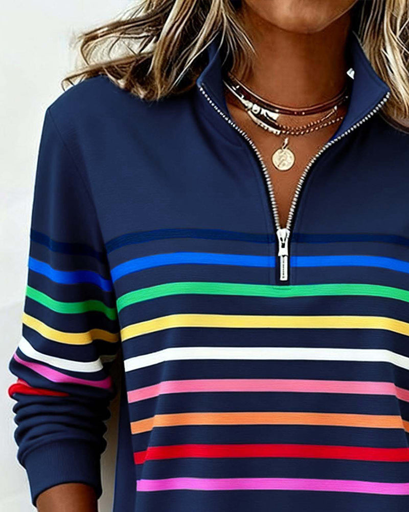 Women's Sweatshirt with Stripes and Half-Zip Design