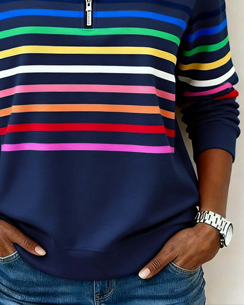 Women's Sweatshirt with Stripes and Half-Zip Design