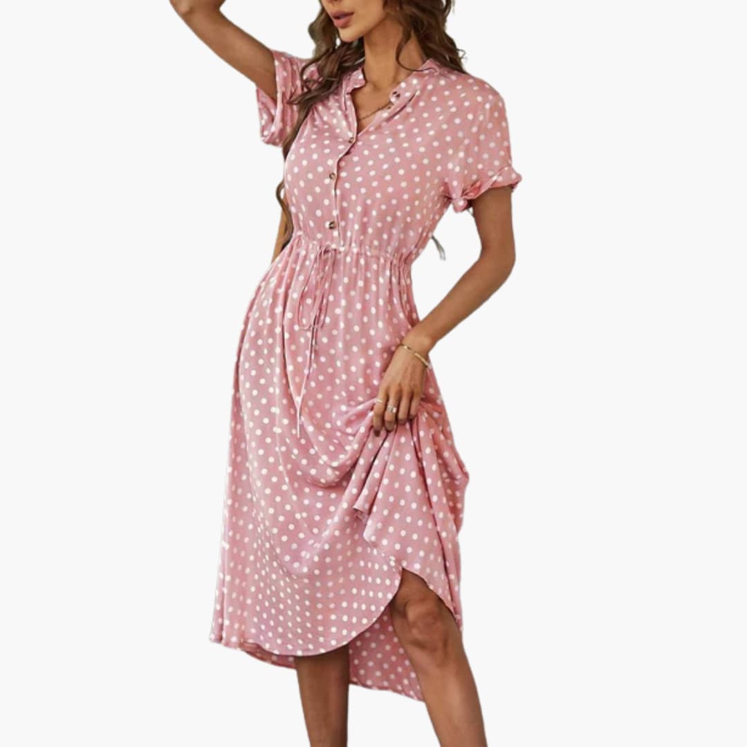 Women’s Midi Dress with Button-Through Front and Drawstring Waist