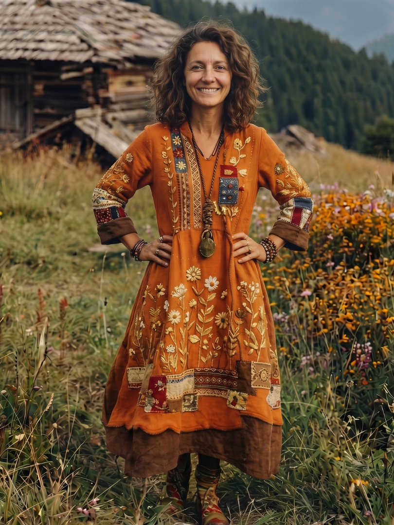 Alix | Embroidered Panel Long Sleeve Midi Dress