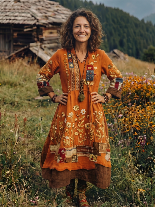 Alix | Embroidered Panel Long Sleeve Midi Dress