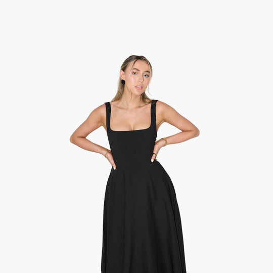 Women’s Midi Dress with Square Neckline and Flared Skirt