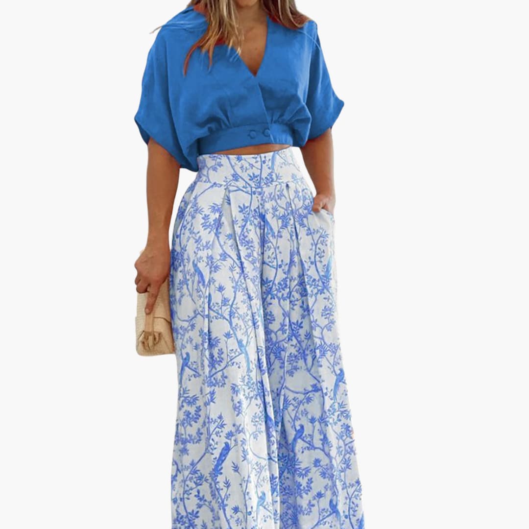 Women’s two-piece set with puff sleeve top and palazzo trousers