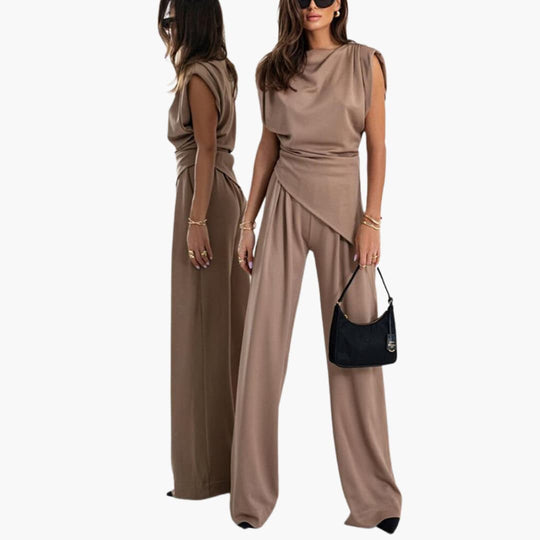 Women’s Two-Piece Set with Draped Top and Wide-Leg Trousers