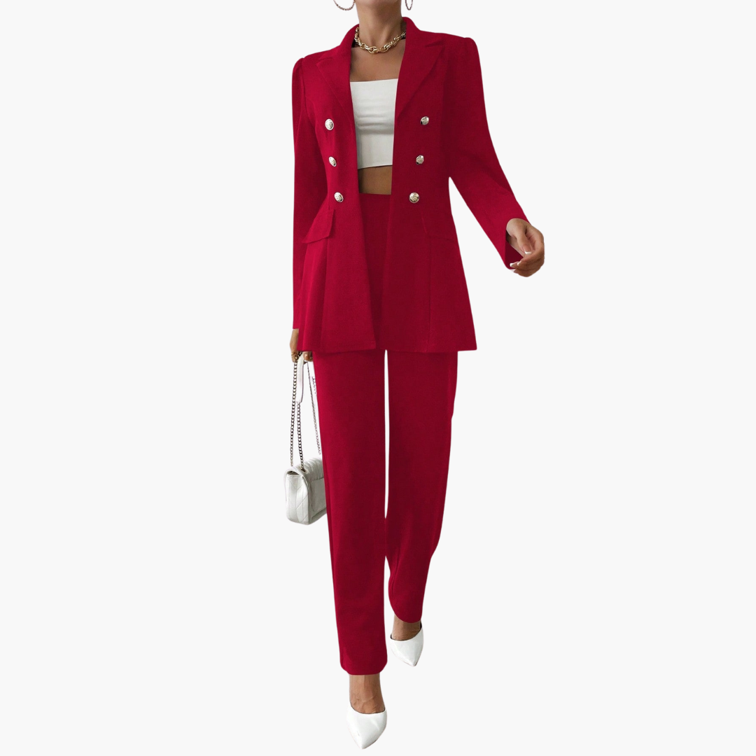 Women's Blazer Set with Notched Lapel and Straight Leg Trousers