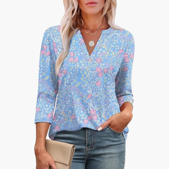 Women's Tunic Top with 3/4-Length Sleeves and Pleated Front