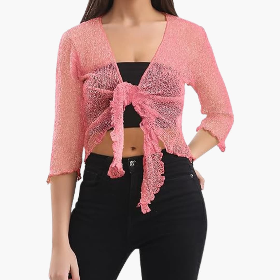 Women's Tie-Up Bolero Top with Sheer Fishnet Knit and Three-Quarter Sleeves