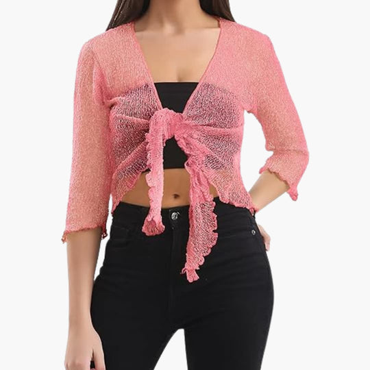 Women's Tie-Up Bolero Top with Sheer Fishnet Knit and Three-Quarter Sleeves