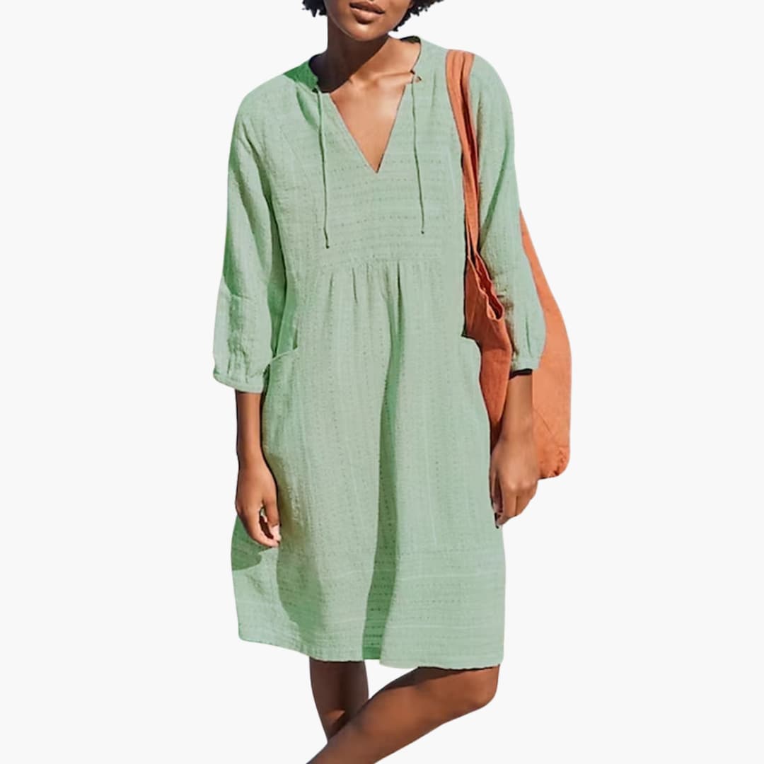 Women's Shirt Dress with Tie Neck and Side Pockets
