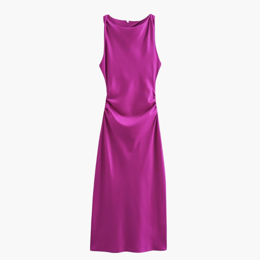 Women’s Satin Cowl Neck Midi Dress with Ruched Waist