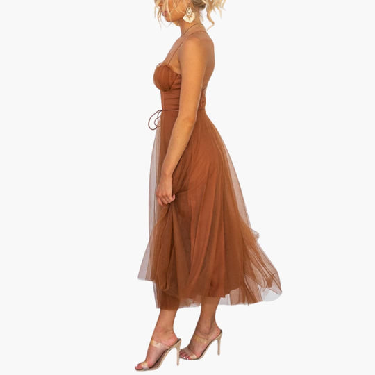 Women’s Tulle Maxi Dress with Spaghetti Straps and Tiered Skirt