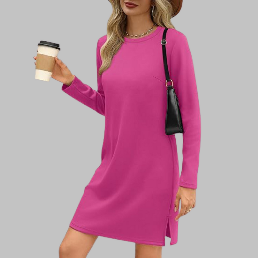 Women's Casual Mini Dress with Long Sleeves and Round Neck