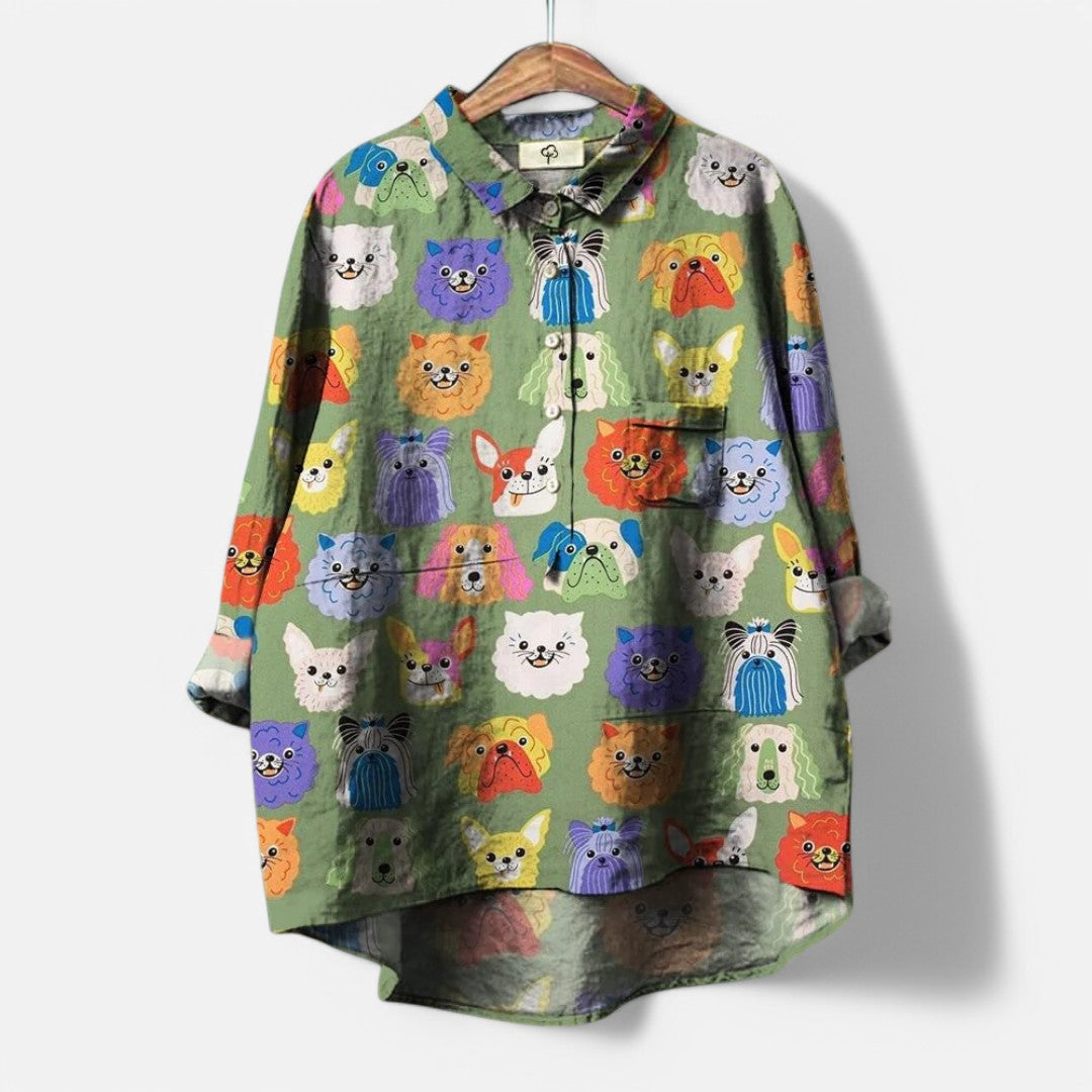 Women’s Long Sleeve Dog Print Blouse