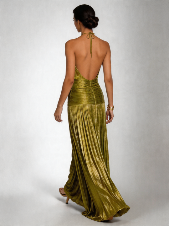 Tatiani | Halter Neck Pleated High Slit Maxi Dress