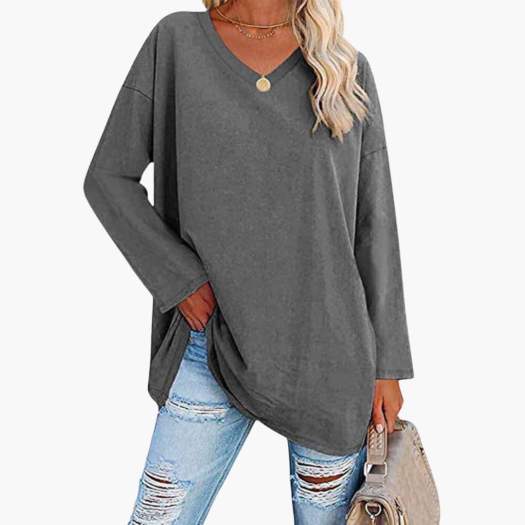Women's V-Neck Blouse with Long Sleeves and Relaxed Fit