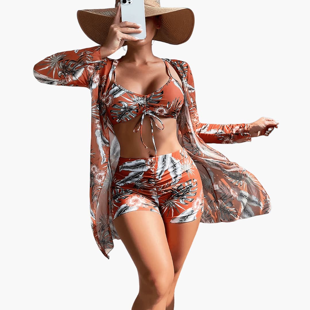 Women’s Beachwear Set with Kimono and High-Waisted Shorts