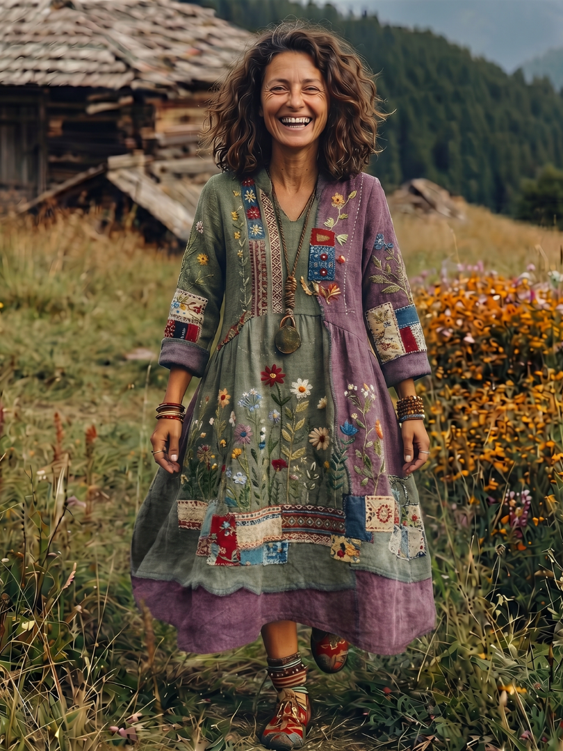 Alix | Embroidered Panel Long Sleeve Midi Dress