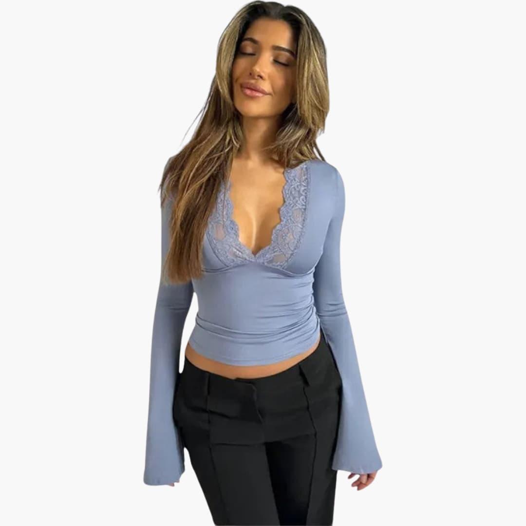 Women's Lace Flare Top with V-Neckline and Semi-Cropped Hem