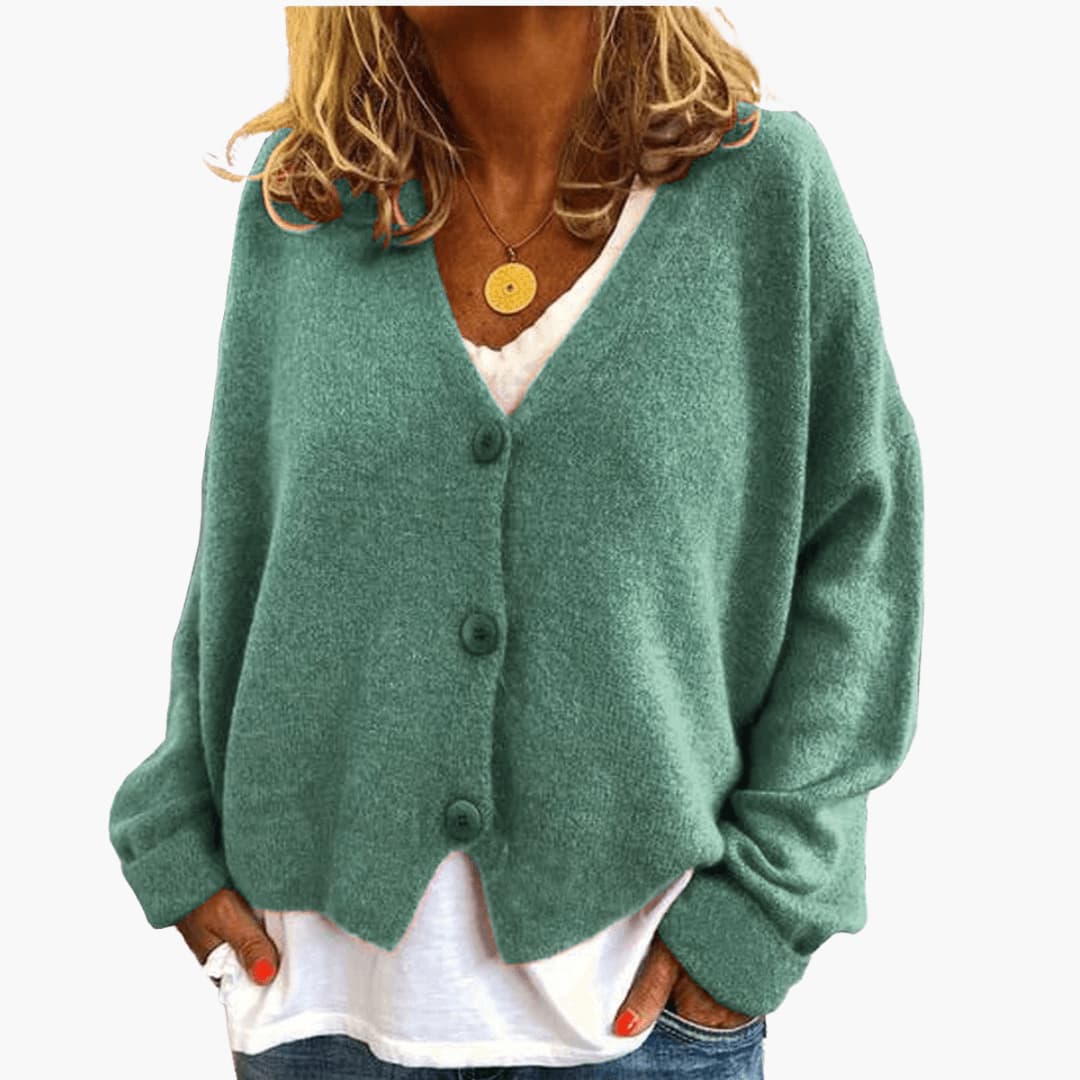 Women's Knitted Button Cardigan with V-Neckline and Long Sleeves