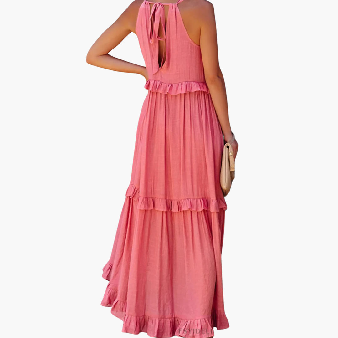 Women’s Maxi Dress with Cascading Ruffle Tiers and Adjustable Straps