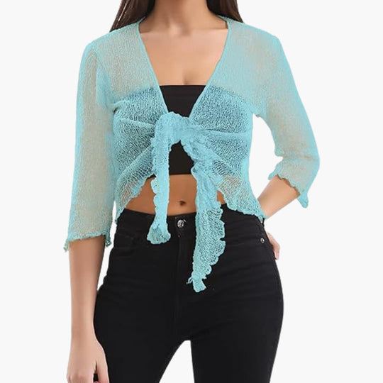 Women's Tie-Up Bolero Top with Sheer Fishnet Knit and Three-Quarter Sleeves