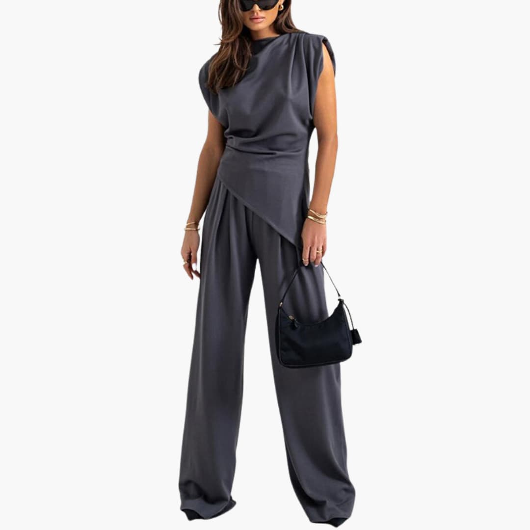 Women’s Two-Piece Set with Draped Top and Wide-Leg Trousers
