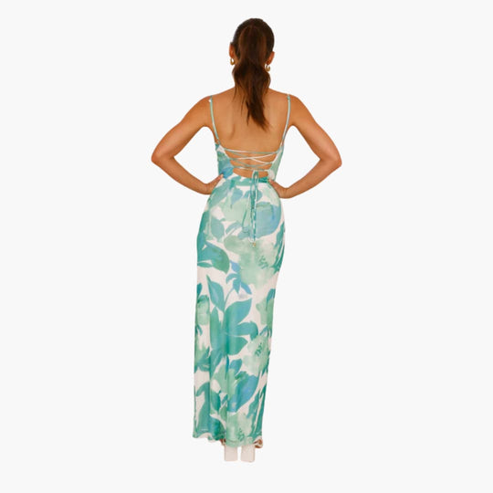 Women’s maxi dress with cowl neckline and lace-up back