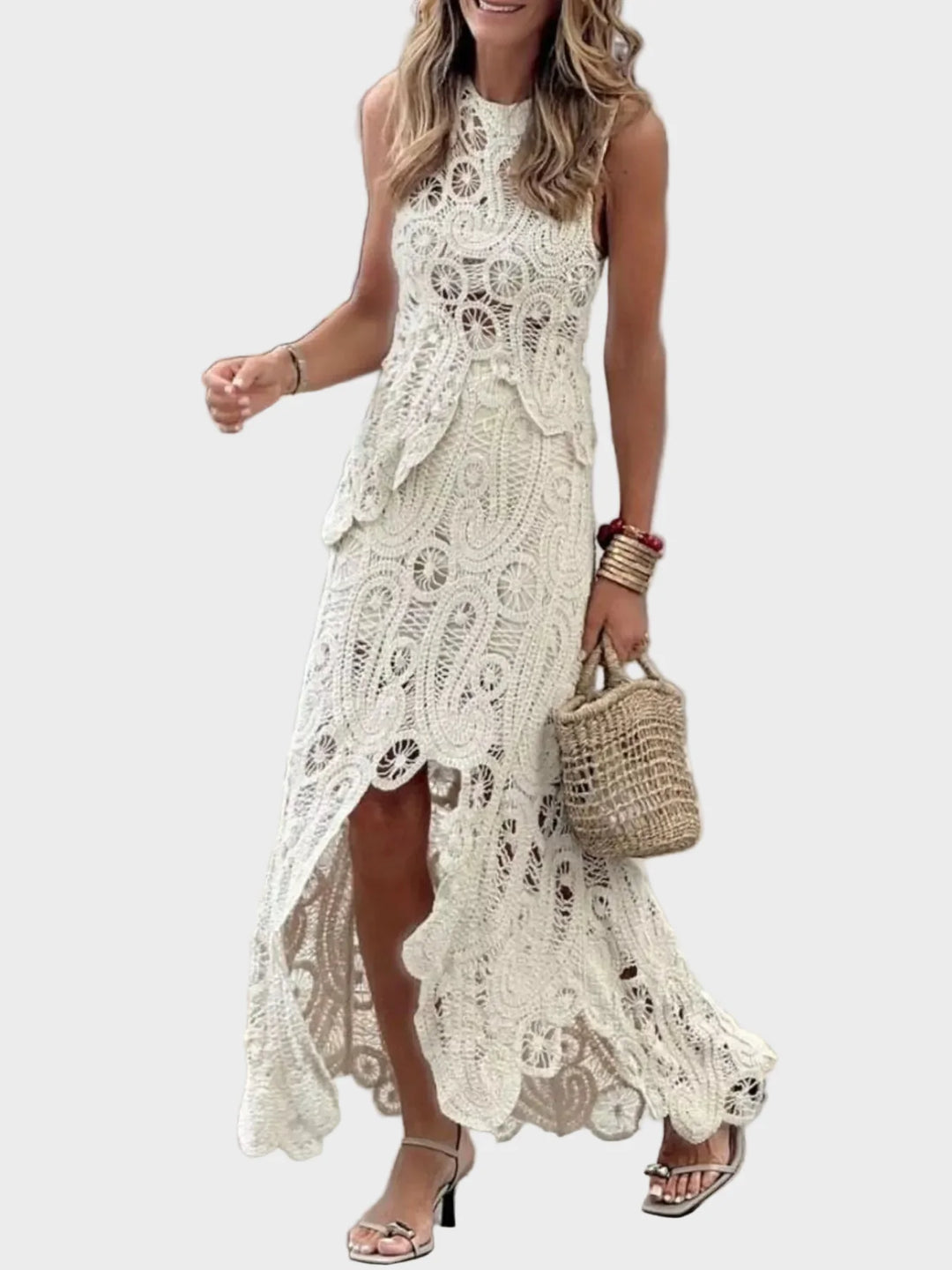 Women's Crochet Sleeveless Tank and Skirt Set with Openwork Design and Asymmetrical Hem