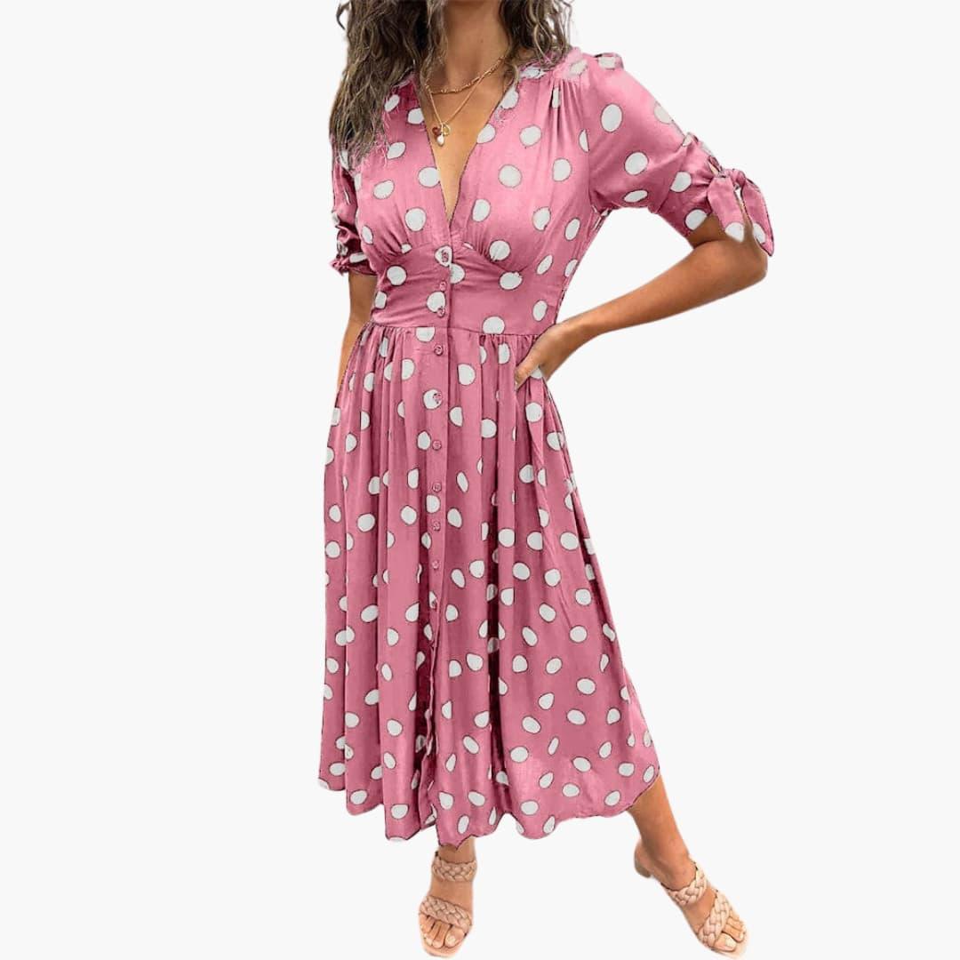 Women's Midi Dress with V-Neck and Belted Waist