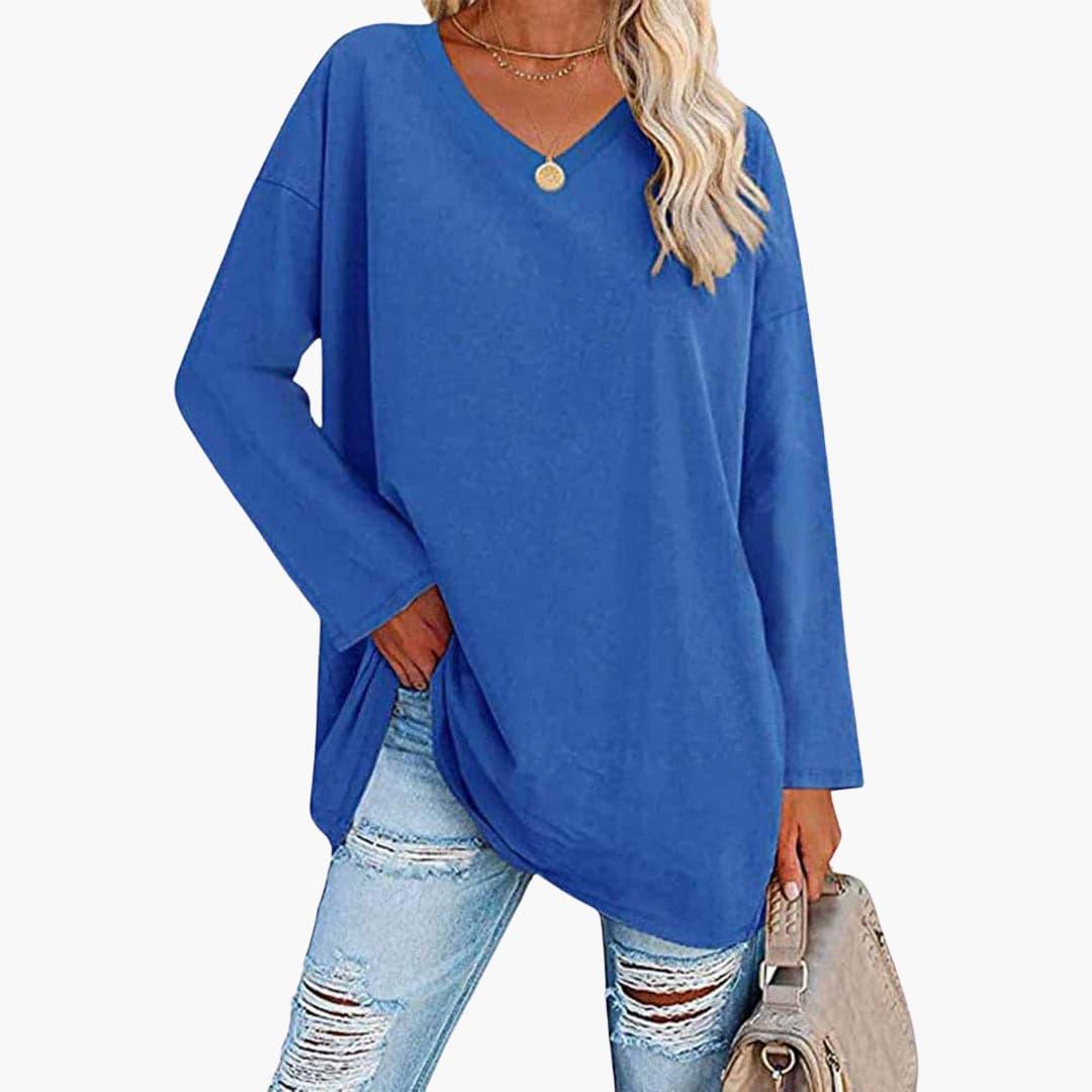 Women's V-Neck Blouse with Long Sleeves and Relaxed Fit