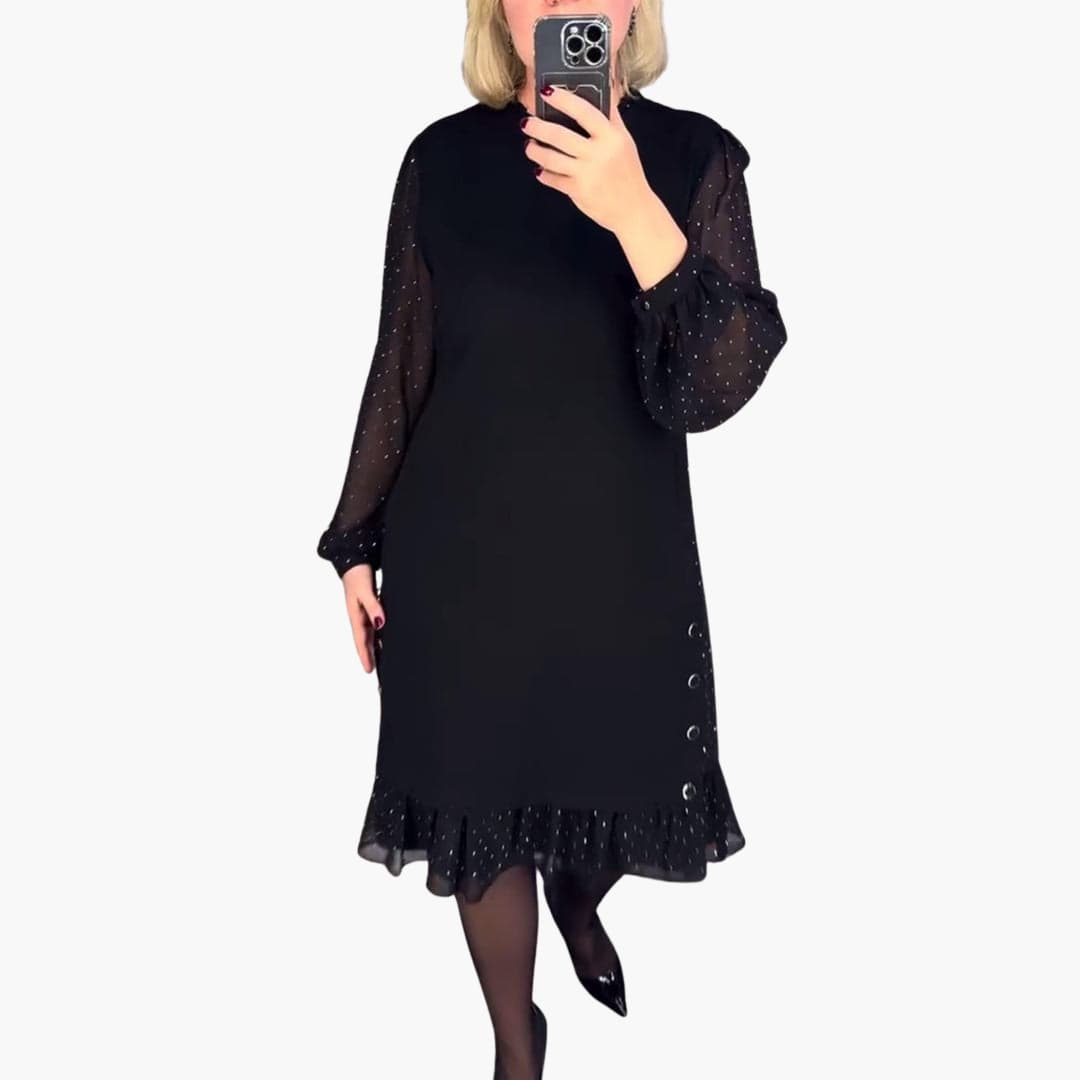 Women's Knee-Length Dress with Sheer Sleeves and Ruffle Hem