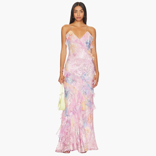 Women Maxi Dress with V-Neck and Ruffle Detail