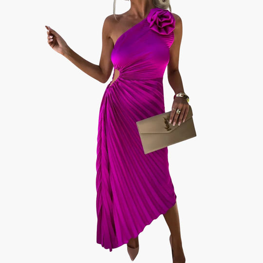 Women’s Midi Dress with Pleated Skirt and Floral Detail