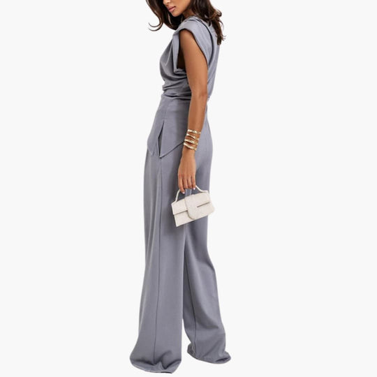 Women’s Two-Piece Set with Draped Top and Wide-Leg Trousers