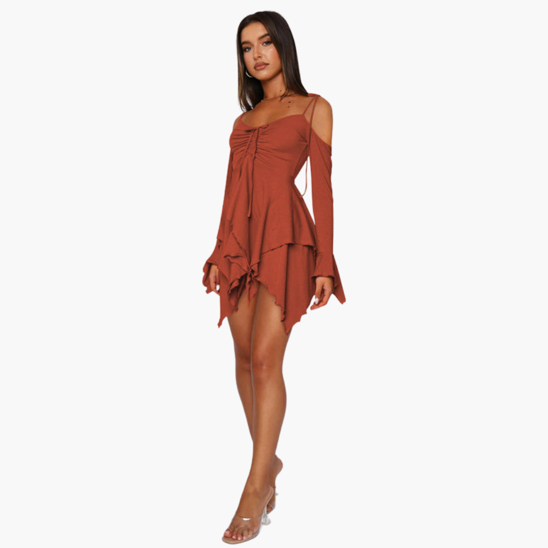Women’s Mini Dress with Off-the-Shoulder Neckline and Layered Design
