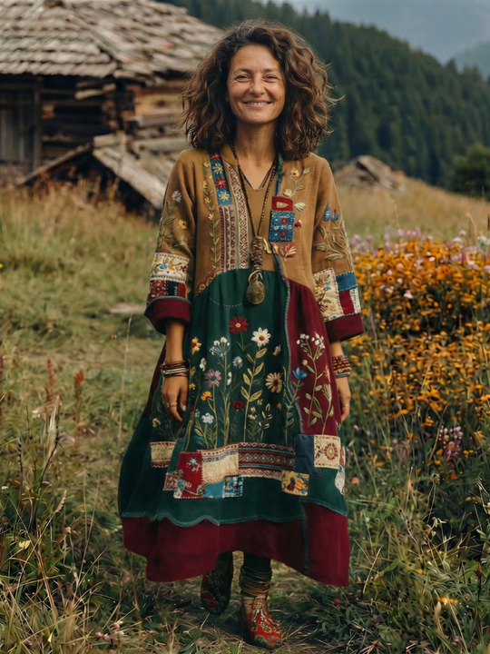 Alix | Embroidered Panel Long Sleeve Midi Dress