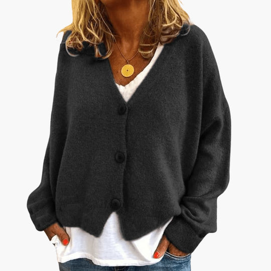 Women's Knitted Button Cardigan with V-Neckline and Long Sleeves