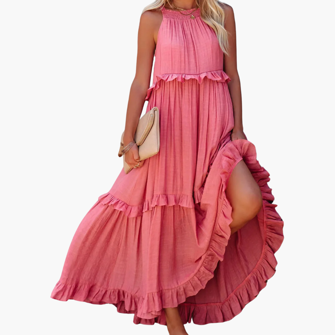 Women’s Maxi Dress with Cascading Ruffle Tiers and Adjustable Straps