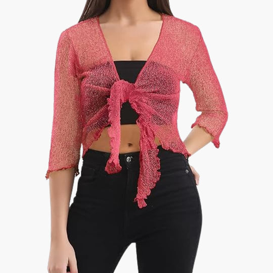 Women's Tie-Up Bolero Top with Sheer Fishnet Knit and Three-Quarter Sleeves